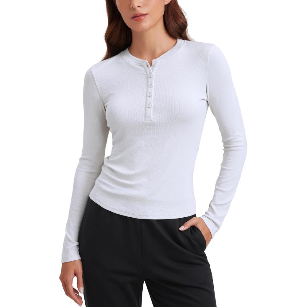 imageCRZ YOGA Ribbed Modal Casual Long Sleeve Henley Shirts for Women Soft Stretchy Knit Layering Basic Fitted Athletic TopsWhite