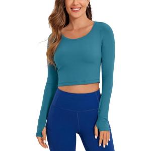 imageCRZ YOGA Butterluxe Long Sleeve Crop Tops for Women Slim Fit Workout Shirts Cropped Athletic Gym TShirtsBorealis Green