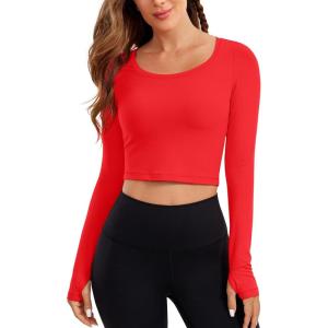 imageCRZ YOGA Butterluxe Long Sleeve Crop Tops for Women Slim Fit Workout Shirts Cropped Athletic Gym TShirtsDeep Red