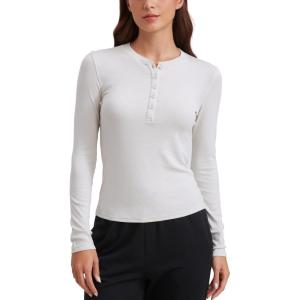 imageCRZ YOGA Ribbed Modal Casual Long Sleeve Henley Shirts for Women Soft Stretchy Knit Layering Basic Fitted Athletic TopsMilky White Bone