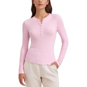 imageCRZ YOGA Ribbed Modal Casual Long Sleeve Henley Shirts for Women Soft Stretchy Knit Layering Basic Fitted Athletic TopsPink Peony