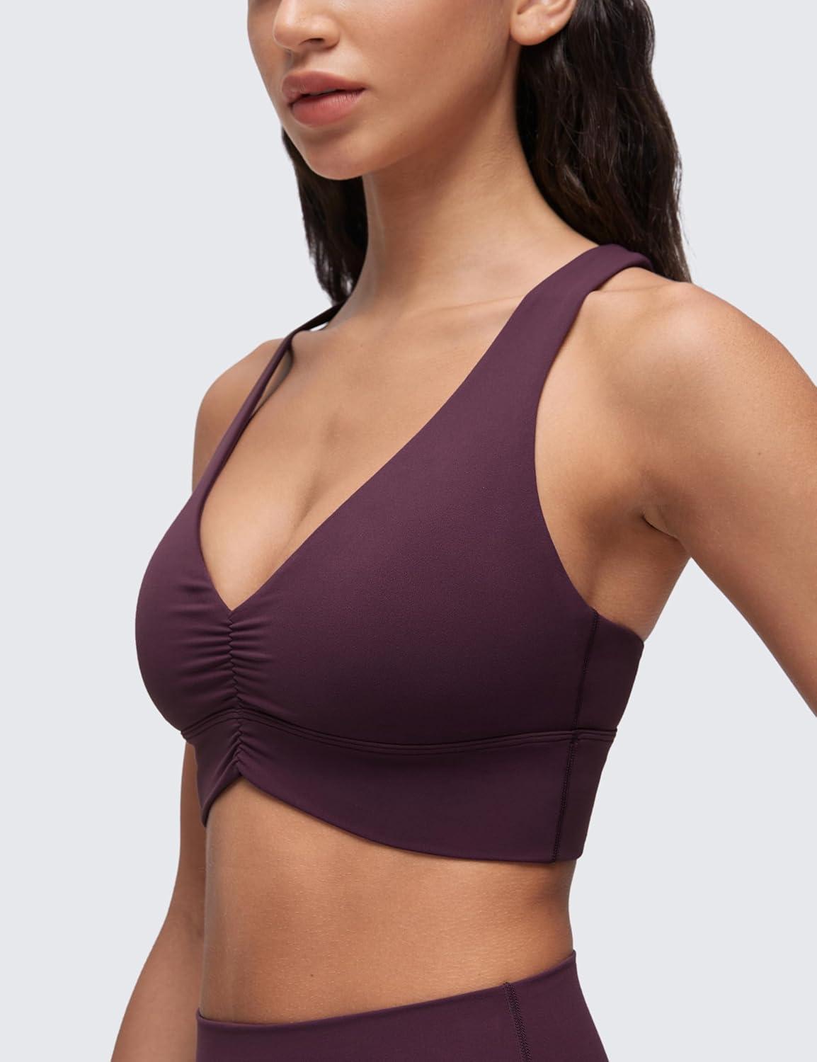 imageCRZ YOGA Butterluxe Womens Ruched Longline Sports Bras  V Neck Padded Yoga Tank Wide Straps Cross Back Crop TopsDeep Purple