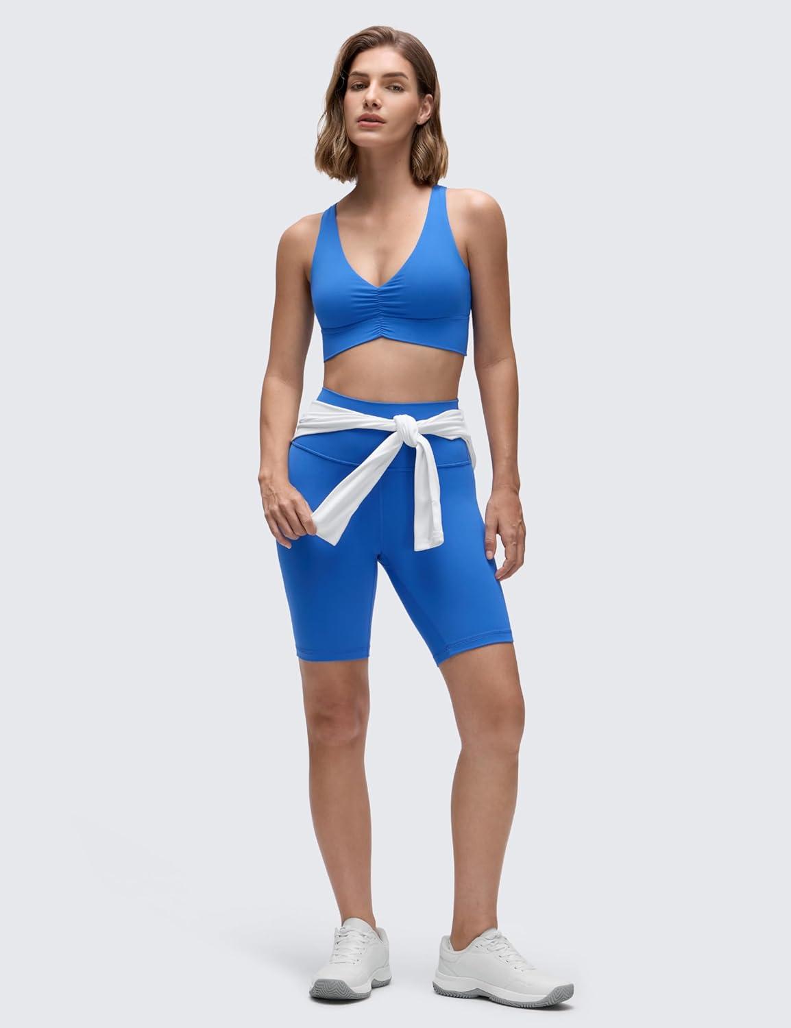 imageCRZ YOGA Butterluxe Womens Ruched Longline Sports Bras  V Neck Padded Yoga Tank Wide Straps Cross Back Crop TopsSparkle Blue