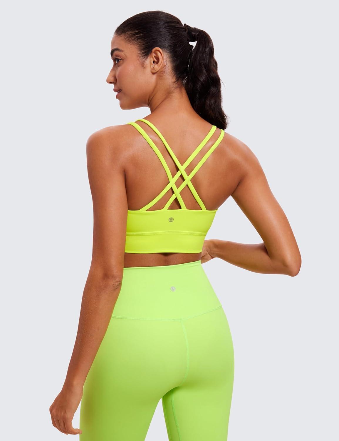 imageCRZ YOGA Softness Mold Womens Butterluxe Strappy Longline Sports Bra  Double Spaghetti Strap Workout Yoga Crop Top AthleticNeon Yellow