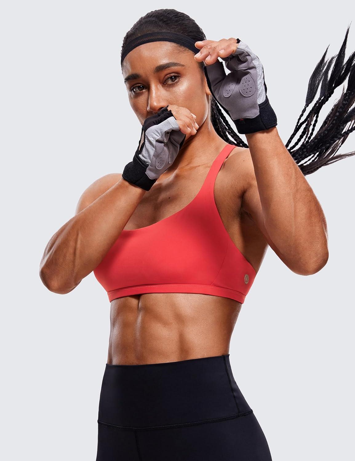 imageCRZ YOGA Womens Strappy Sports Bra  Criss Cross Back Padded Medium Support Wireless Gym Cami Workout YogaCrimson