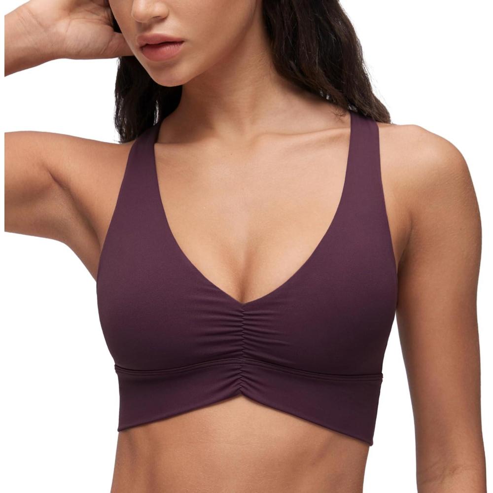 imageCRZ YOGA Butterluxe Womens Ruched Longline Sports Bras  V Neck Padded Yoga Tank Wide Straps Cross Back Crop TopsDeep Purple