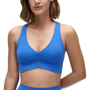 imageCRZ YOGA Butterluxe Womens Ruched Longline Sports Bras  V Neck Padded Yoga Tank Wide Straps Cross Back Crop TopsSparkle Blue
