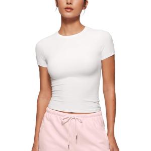 imageCRZ YOGA Softembrace Short Sleeve Going Out Tops for Women Soft High Crew Neck Casual Tight Shirts Fitted Basic TShirtsWhite