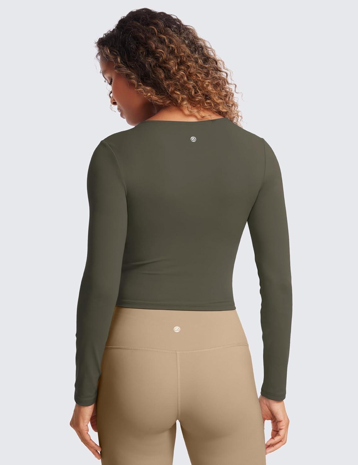 imageCRZ YOGA Butterluxe Womens Long Sleeve Crop Yoga Shirts Slim Fit Cropped Workout Tops Athletic Casual Basic Tight ShirtLight Army Green