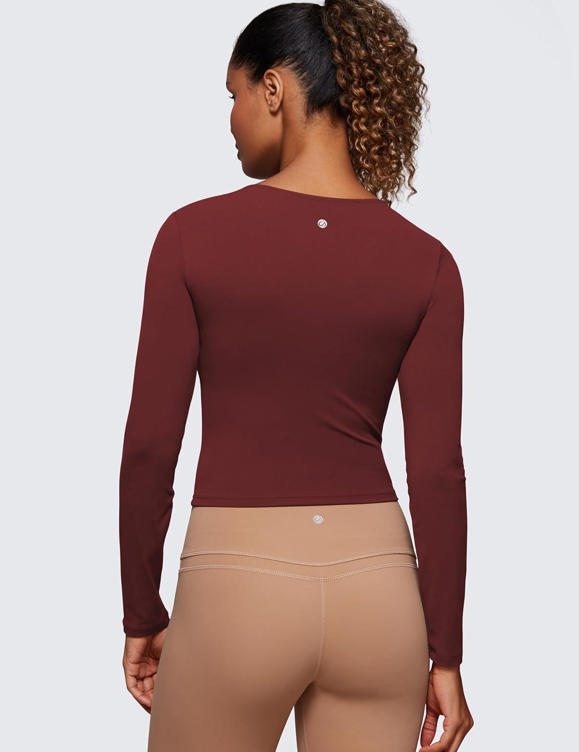 imageCRZ YOGA Butterluxe Womens Long Sleeve Crop Yoga Shirts Slim Fit Cropped Workout Tops Athletic Casual Basic Tight ShirtNoctilucence Red