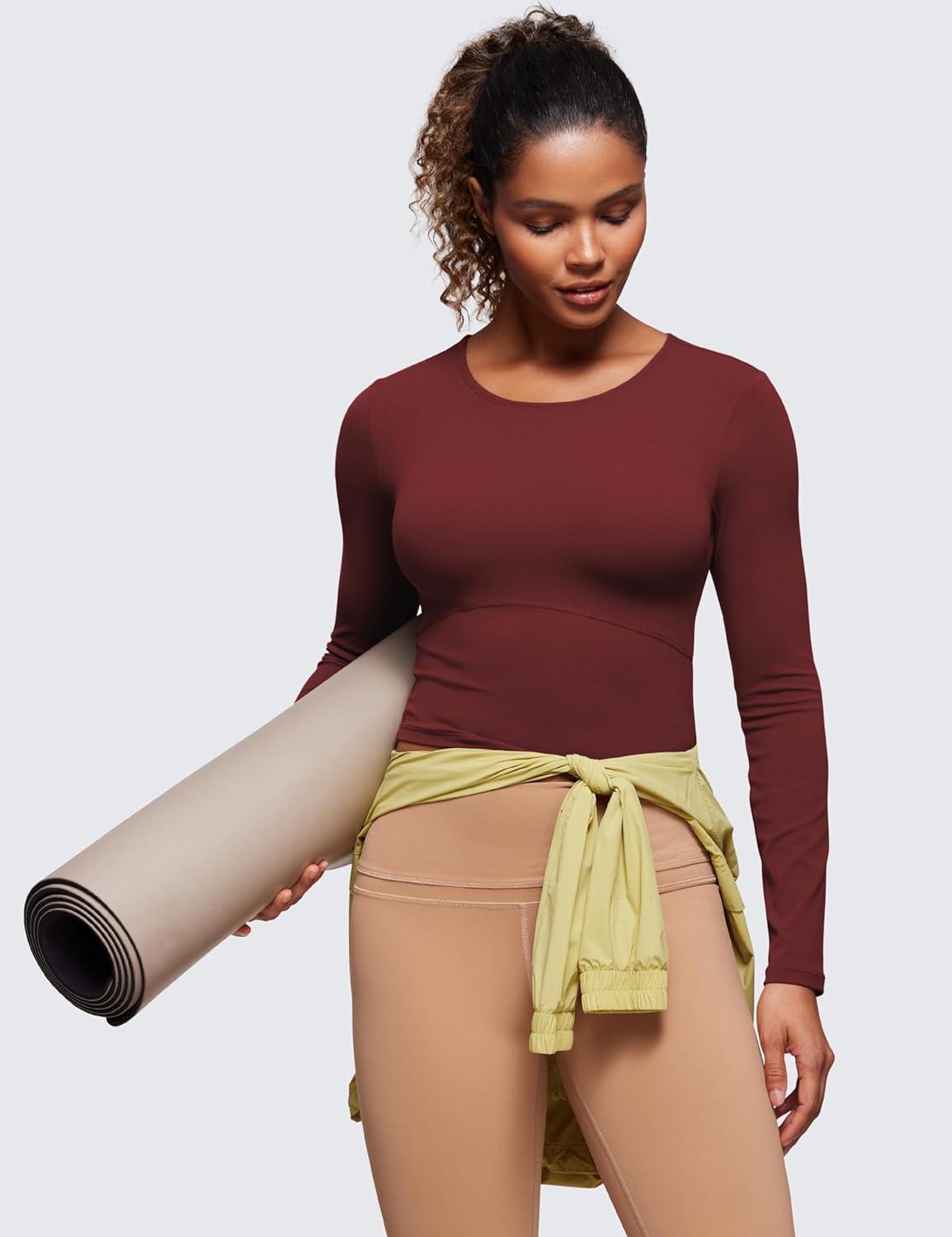 imageCRZ YOGA Butterluxe Womens Long Sleeve Crop Yoga Shirts Slim Fit Cropped Workout Tops Athletic Casual Basic Tight ShirtNoctilucence Red