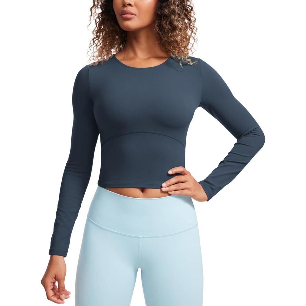 imageCRZ YOGA Butterluxe Womens Long Sleeve Crop Yoga Shirts Slim Fit Cropped Workout Tops Athletic Casual Basic Tight ShirtStelindigo