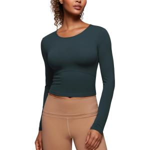 imageCRZ YOGA Butterluxe Womens Long Sleeve Crop Yoga Shirts Slim Fit Cropped Workout Tops Athletic Casual Basic Tight ShirtForest Dark Green