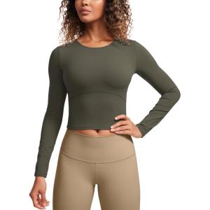 imageCRZ YOGA Butterluxe Womens Long Sleeve Crop Yoga Shirts Slim Fit Cropped Workout Tops Athletic Casual Basic Tight ShirtLight Army Green