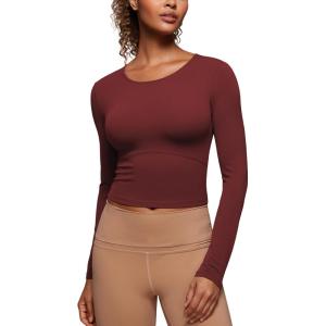 imageCRZ YOGA Butterluxe Womens Long Sleeve Crop Yoga Shirts Slim Fit Cropped Workout Tops Athletic Casual Basic Tight ShirtNoctilucence Red