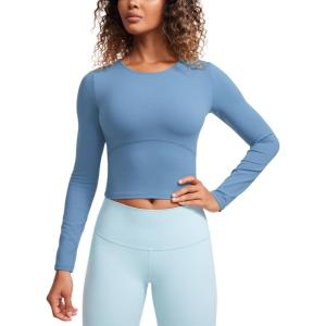 imageCRZ YOGA Butterluxe Womens Long Sleeve Crop Yoga Shirts Slim Fit Cropped Workout Tops Athletic Casual Basic Tight ShirtUniverse Blue