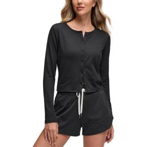 imageCRZ YOGA Cloud Jersey Lightweight Crewneck Cardigan for Women Soft Knit Button Down Shirts Casual Long Sleeve Fall TopsBlack