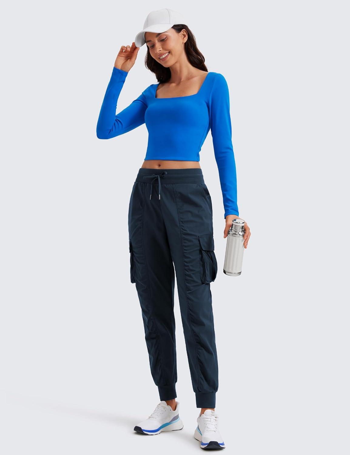 imageCRZ YOGA Cargo Joggers for Women Lightweight Ruched Workout Casual Travel Athletic Hiking Pants with PocketsInk Blue