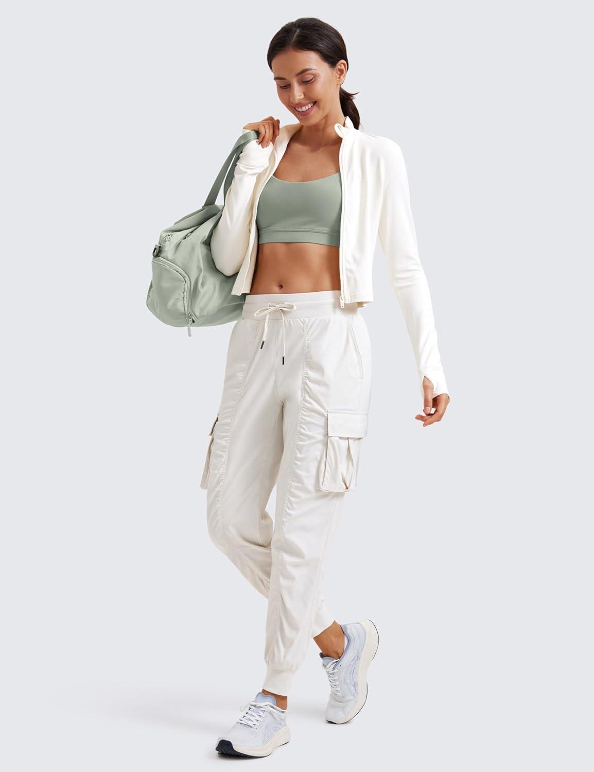 imageCRZ YOGA Cargo Joggers for Women Lightweight Ruched Workout Casual Travel Athletic Hiking Pants with PocketsMilky White Bone