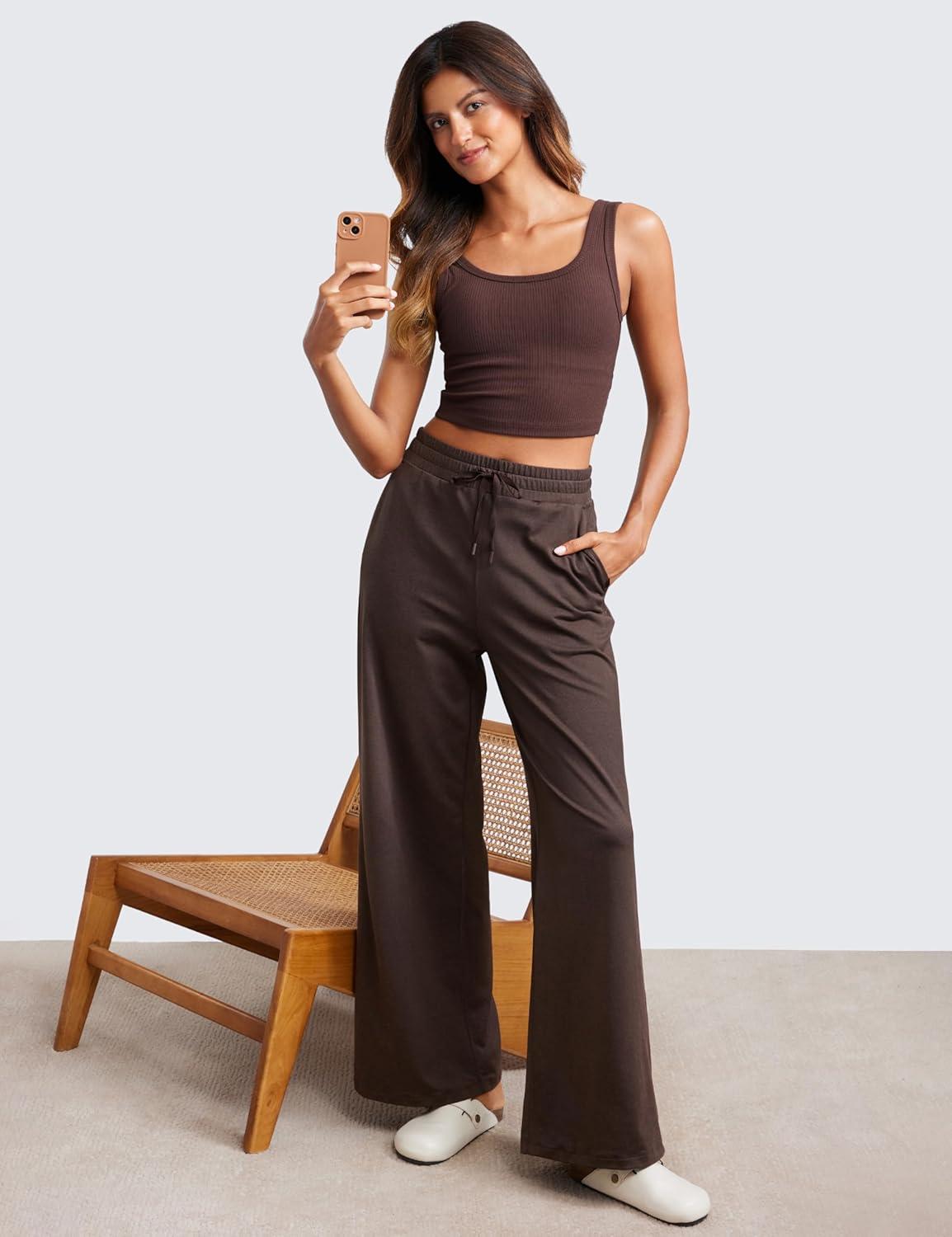 imageCRZ YOGA Cloud Jersey Wide Leg Sweatpants Women 30quot High Waisted Casual Lounge Pajama Travel Pants with PocketsHot Fudge Brown