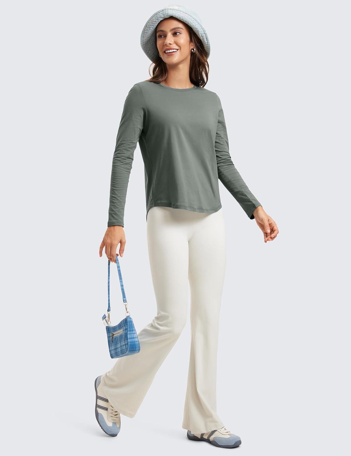 imageCRZ YOGA Pima Cotton Workout Long Sleeve Shirts for Women Athletic Crewneck Yoga Casual Tops Plain TShirtGrey Sage