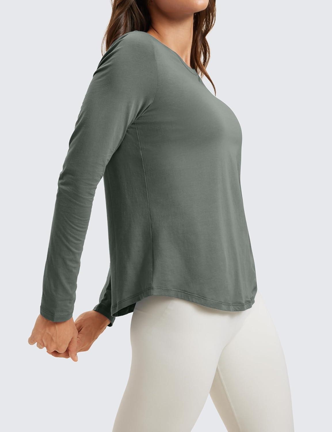 imageCRZ YOGA Pima Cotton Workout Long Sleeve Shirts for Women Athletic Crewneck Yoga Casual Tops Plain TShirtGrey Sage