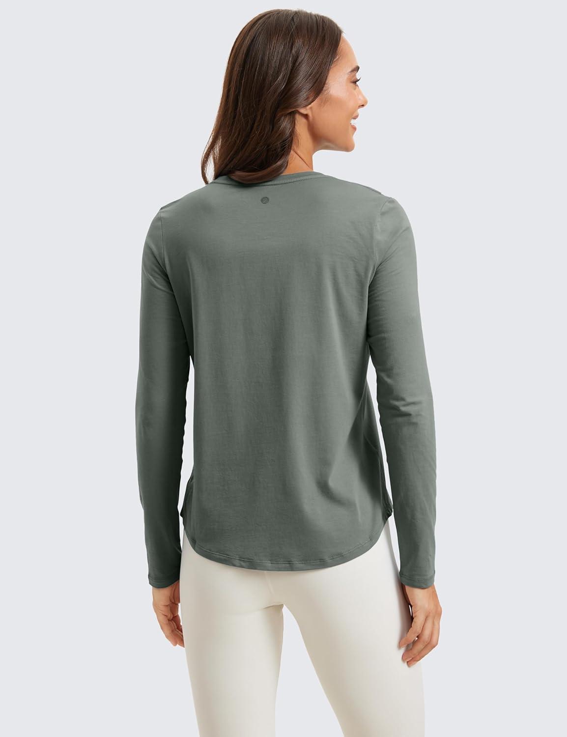 imageCRZ YOGA Pima Cotton Workout Long Sleeve Shirts for Women Athletic Crewneck Yoga Casual Tops Plain TShirtGrey Sage