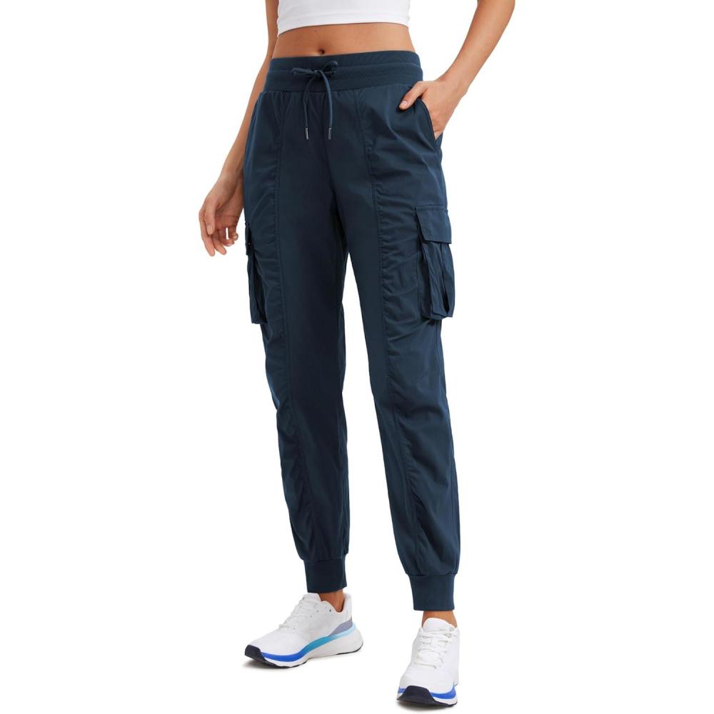 imageCRZ YOGA Cargo Joggers for Women Lightweight Ruched Workout Casual Travel Athletic Hiking Pants with PocketsInk Blue