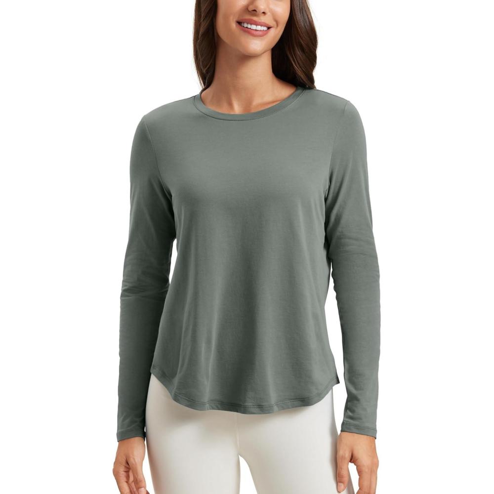 imageCRZ YOGA Pima Cotton Workout Long Sleeve Shirts for Women Athletic Crewneck Yoga Casual Tops Plain TShirtGrey Sage