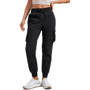 imageCRZ YOGA Cargo Joggers for Women Lightweight Ruched Workout Casual Travel Athletic Hiking Pants with PocketsBlack