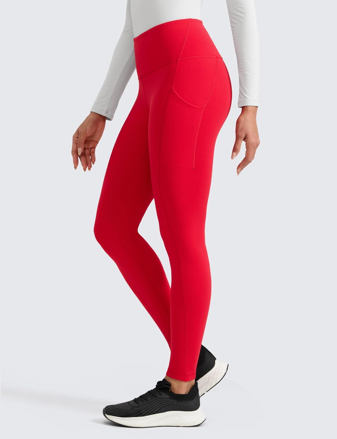 imageCRZ YOGA Womens Fleece Lined Athletic Leggings with Pockets 28quot  Water Resistant Matte Pants Winter Thermal Hiking CasualAurora Red