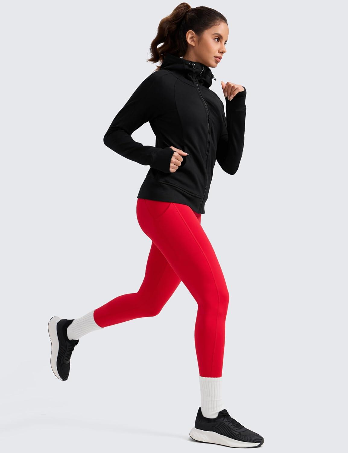 imageCRZ YOGA Womens Fleece Lined Athletic Leggings with Pockets 28quot  Water Resistant Matte Pants Winter Thermal Hiking CasualAurora Red