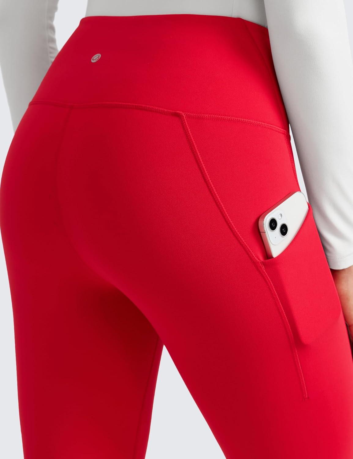 imageCRZ YOGA Womens Fleece Lined Athletic Leggings with Pockets 28quot  Water Resistant Matte Pants Winter Thermal Hiking CasualAurora Red