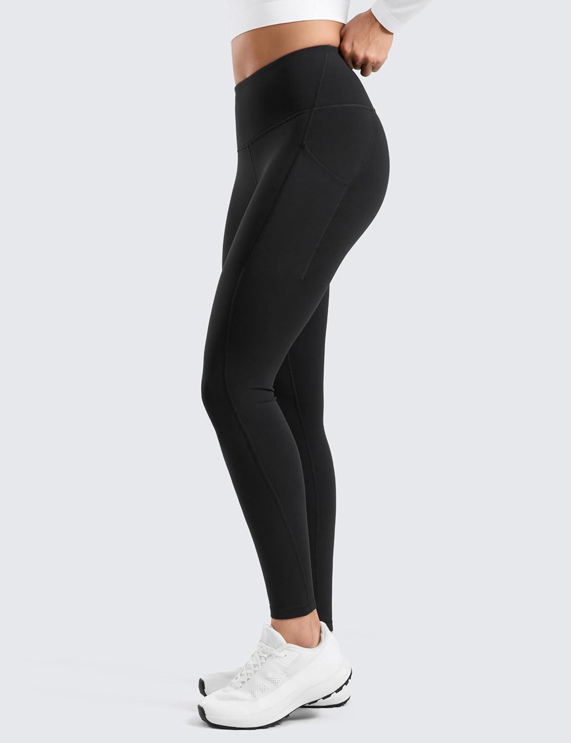 imageCRZ YOGA Womens Fleece Lined Athletic Leggings with Pockets 28quot  Water Resistant Matte Pants Winter Thermal Hiking CasualBlack