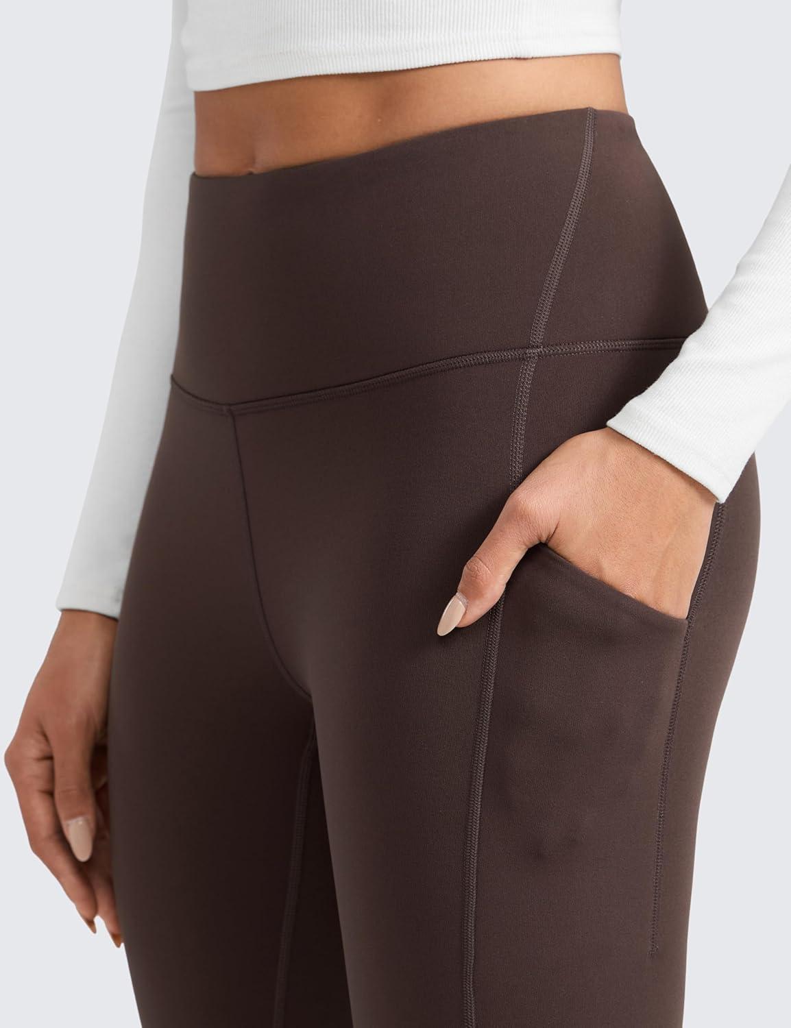 imageCRZ YOGA Womens Fleece Lined Athletic Leggings with Pockets 28quot  Water Resistant Matte Pants Winter Thermal Hiking CasualHot Fudge Brown