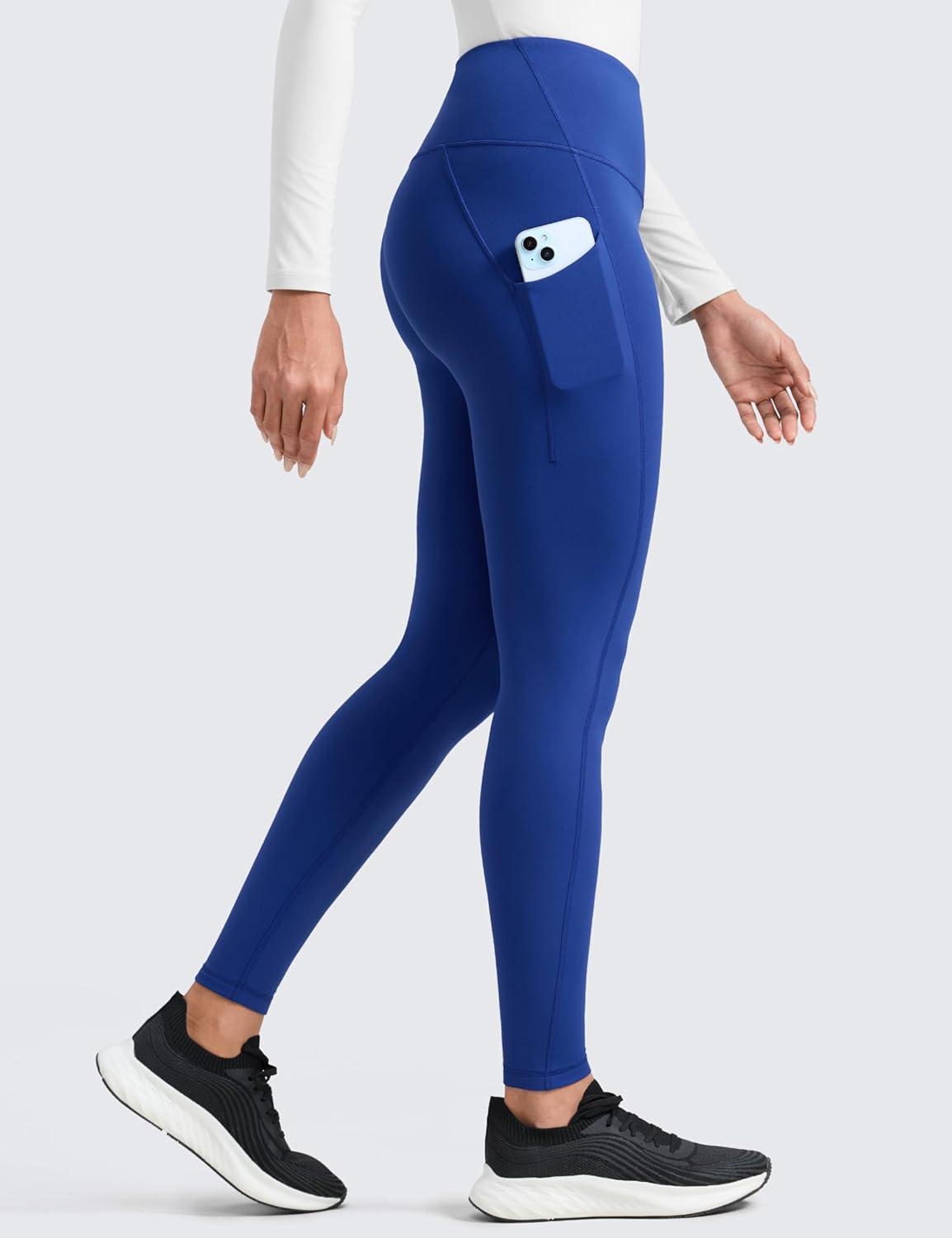 imageCRZ YOGA Womens Fleece Lined Athletic Leggings with Pockets 28quot  Water Resistant Matte Pants Winter Thermal Hiking CasualWaves Blue