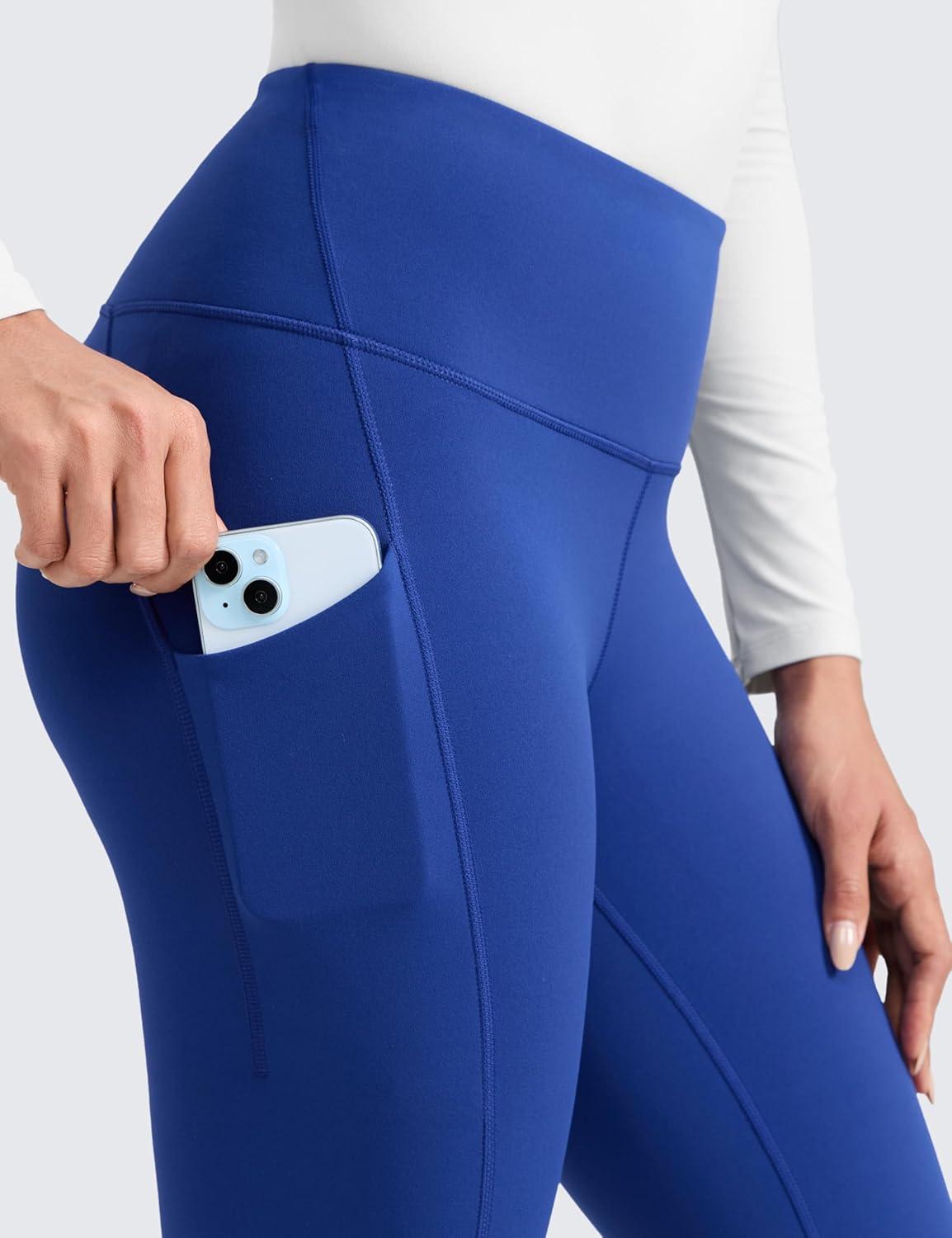 imageCRZ YOGA Womens Fleece Lined Athletic Leggings with Pockets 28quot  Water Resistant Matte Pants Winter Thermal Hiking CasualWaves Blue