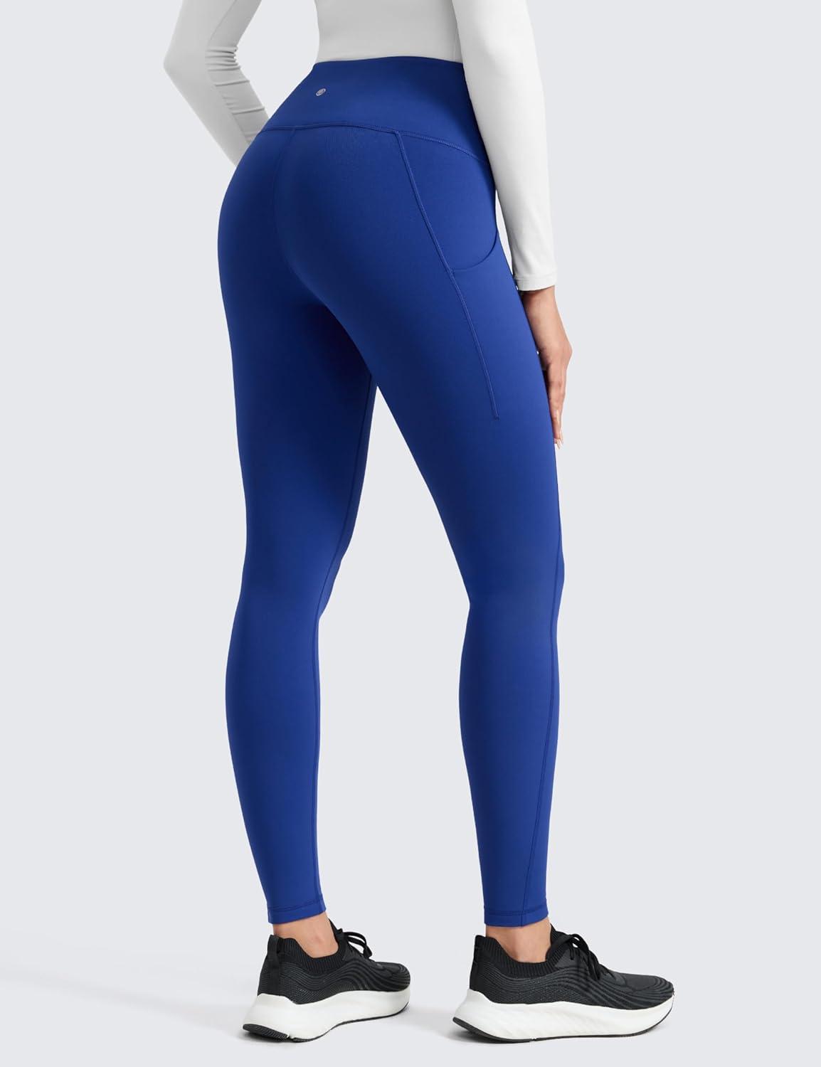 imageCRZ YOGA Womens Fleece Lined Athletic Leggings with Pockets 28quot  Water Resistant Matte Pants Winter Thermal Hiking CasualWaves Blue