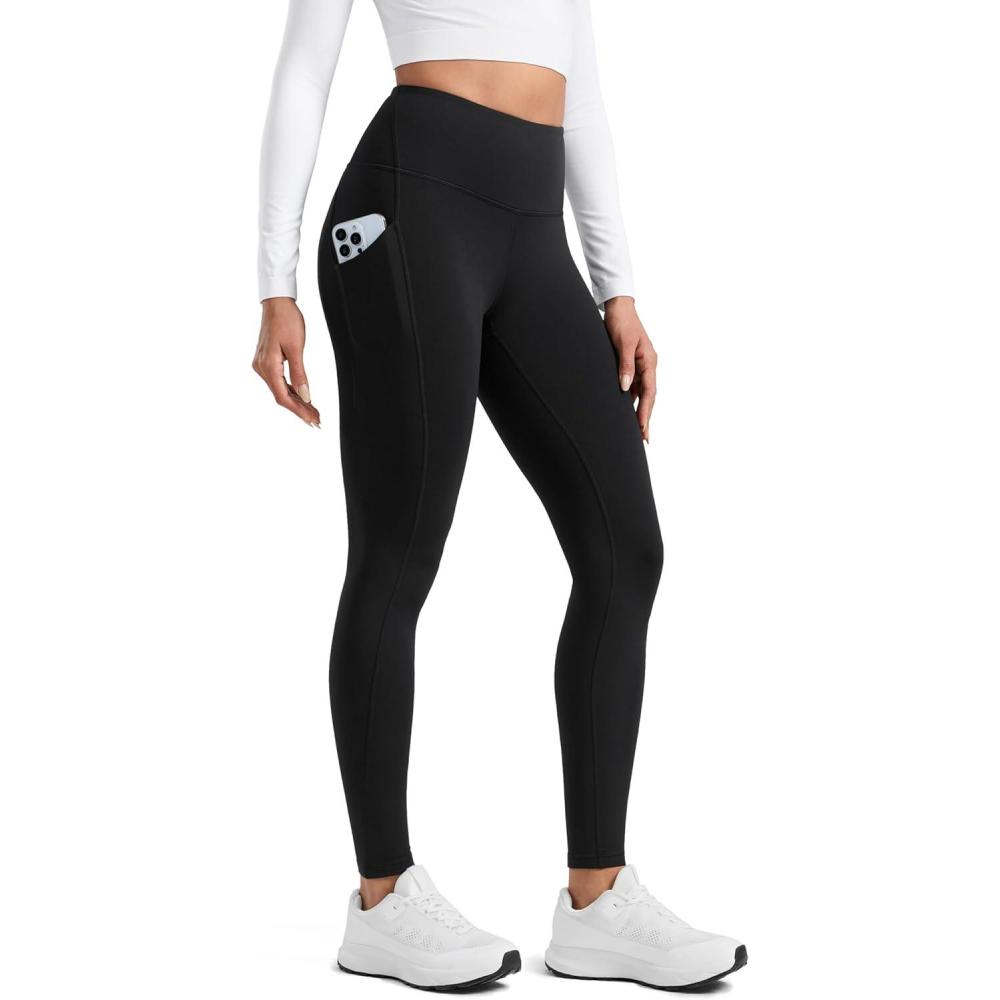 imageCRZ YOGA Womens Fleece Lined Athletic Leggings with Pockets 28quot  Water Resistant Matte Pants Winter Thermal Hiking CasualBlack