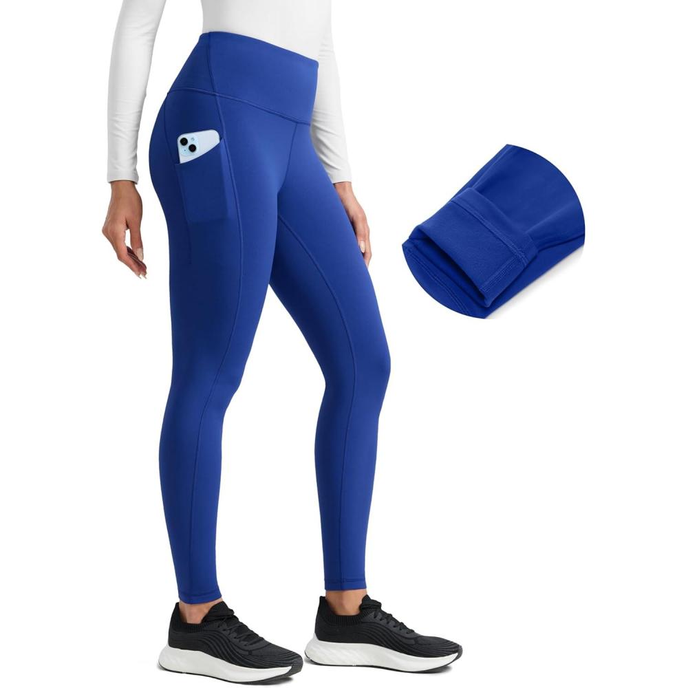 imageCRZ YOGA Womens Fleece Lined Athletic Leggings with Pockets 28quot  Water Resistant Matte Pants Winter Thermal Hiking CasualWaves Blue