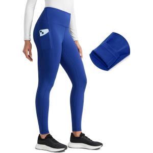 imageCRZ YOGA Womens Fleece Lined Athletic Leggings with Pockets 28quot  Water Resistant Matte Pants Winter Thermal Hiking CasualWaves Blue