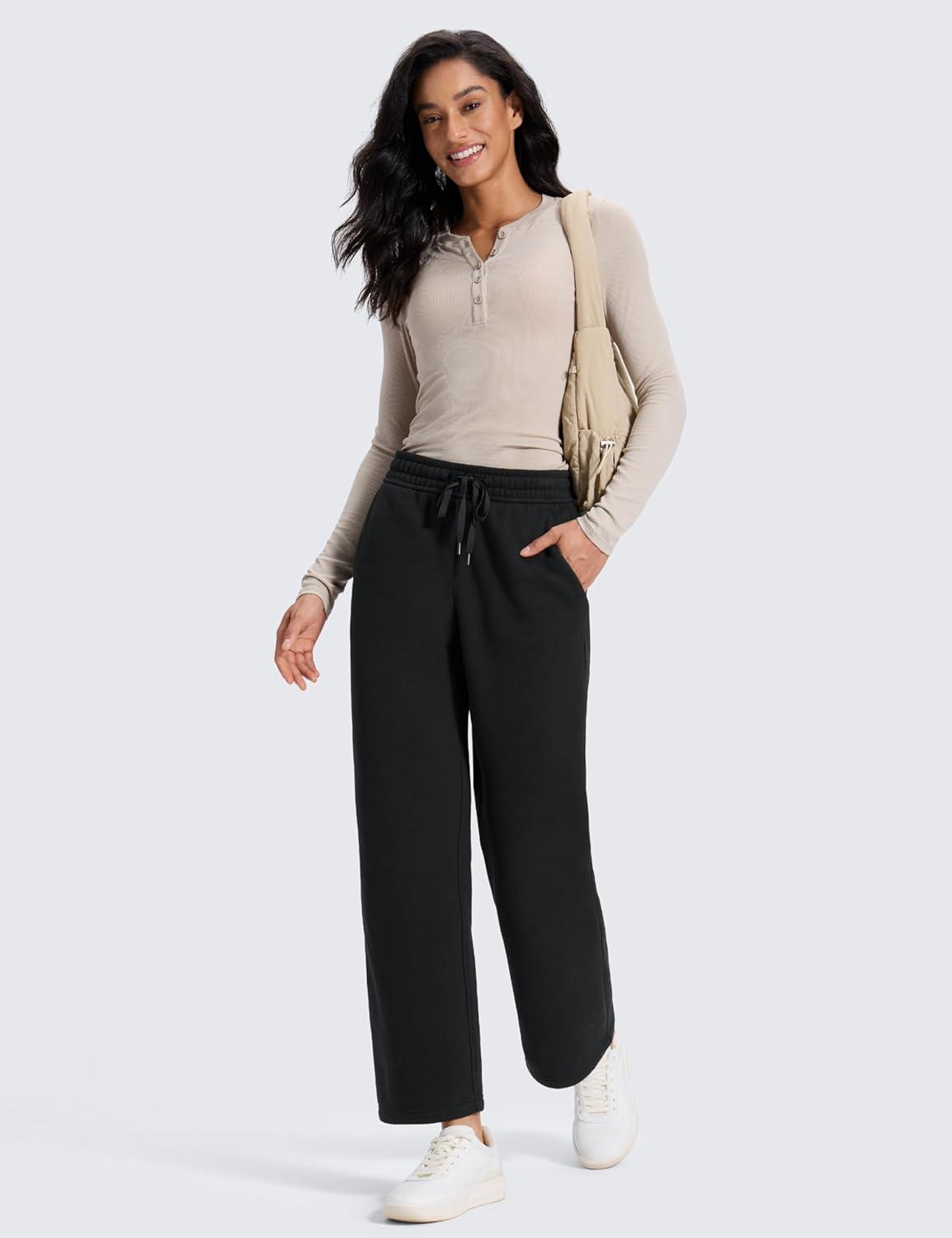 imageCRZ YOGA Cotton Fleece Lined Sweatpants Women 28quot30quot Straight Leg Casual Lounge Sweat Pants for WomenBlack