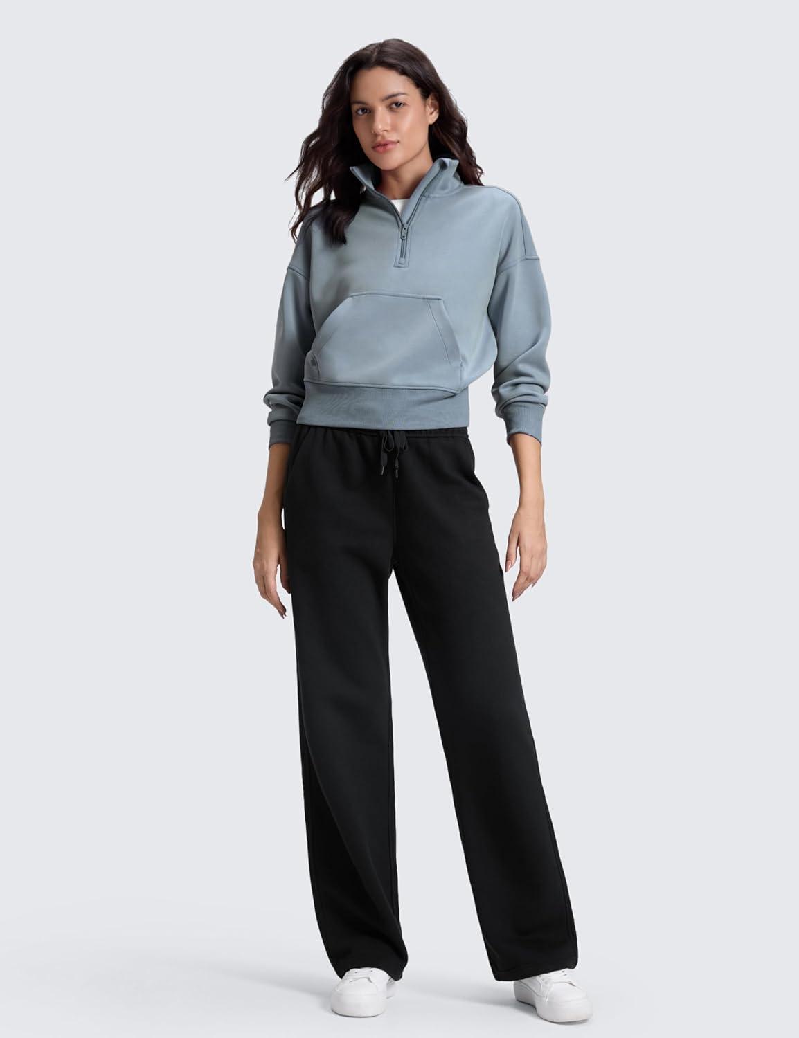 imageCRZ YOGA Cotton Fleece Lined Sweatpants Women 28quot30quot Straight Leg Casual Lounge Sweat Pants for WomenBlack