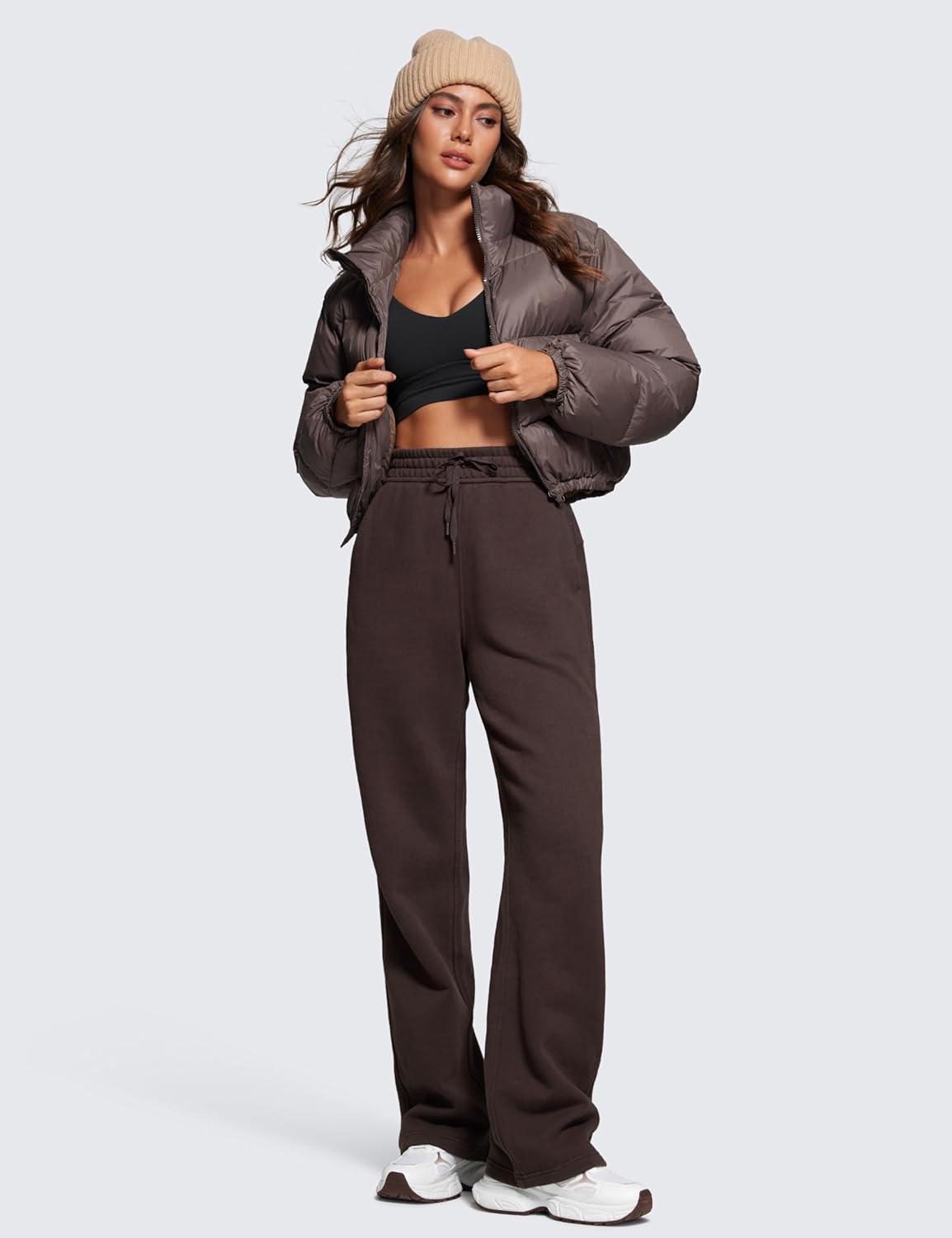 imageCRZ YOGA Cotton Fleece Lined Sweatpants Women 28quot30quot Straight Leg Casual Lounge Sweat Pants for WomenHot Fudge Brown