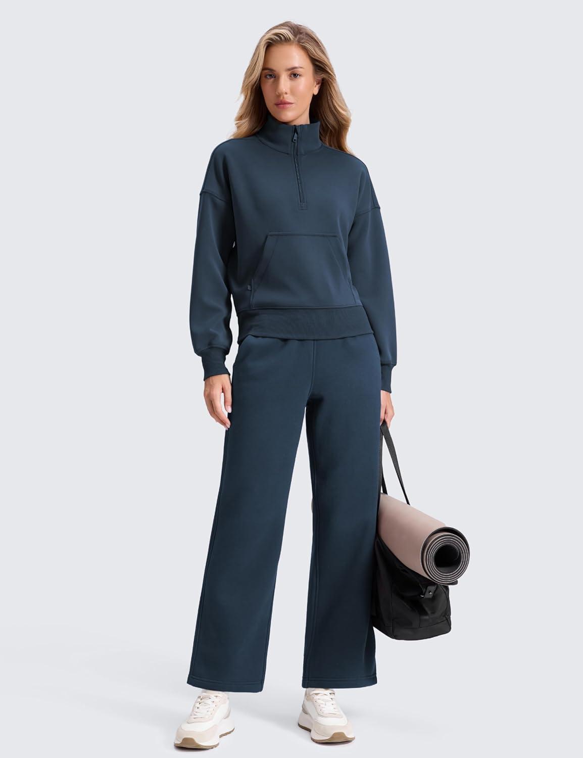 imageCRZ YOGA Cotton Fleece Lined Sweatpants Women 28quot30quot Straight Leg Casual Lounge Sweat Pants for WomenInk Blue