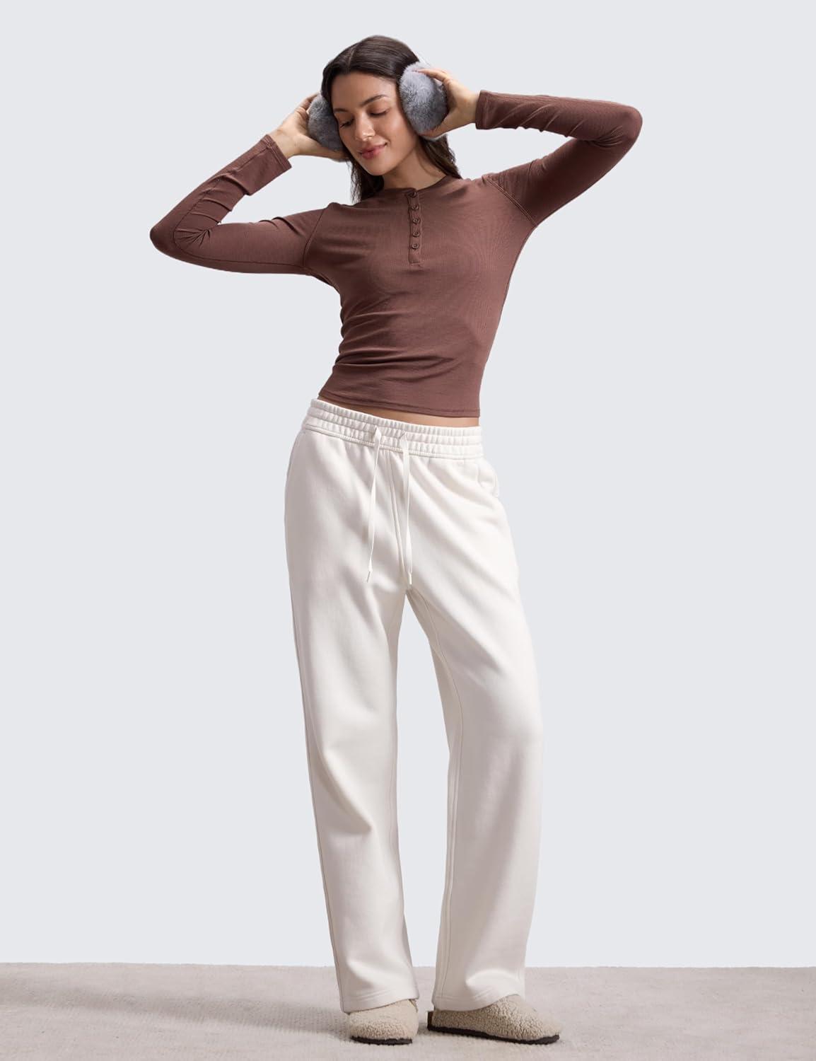 imageCRZ YOGA Cotton Fleece Lined Sweatpants Women 28quot30quot Straight Leg Casual Lounge Sweat Pants for WomenMilky White Bone