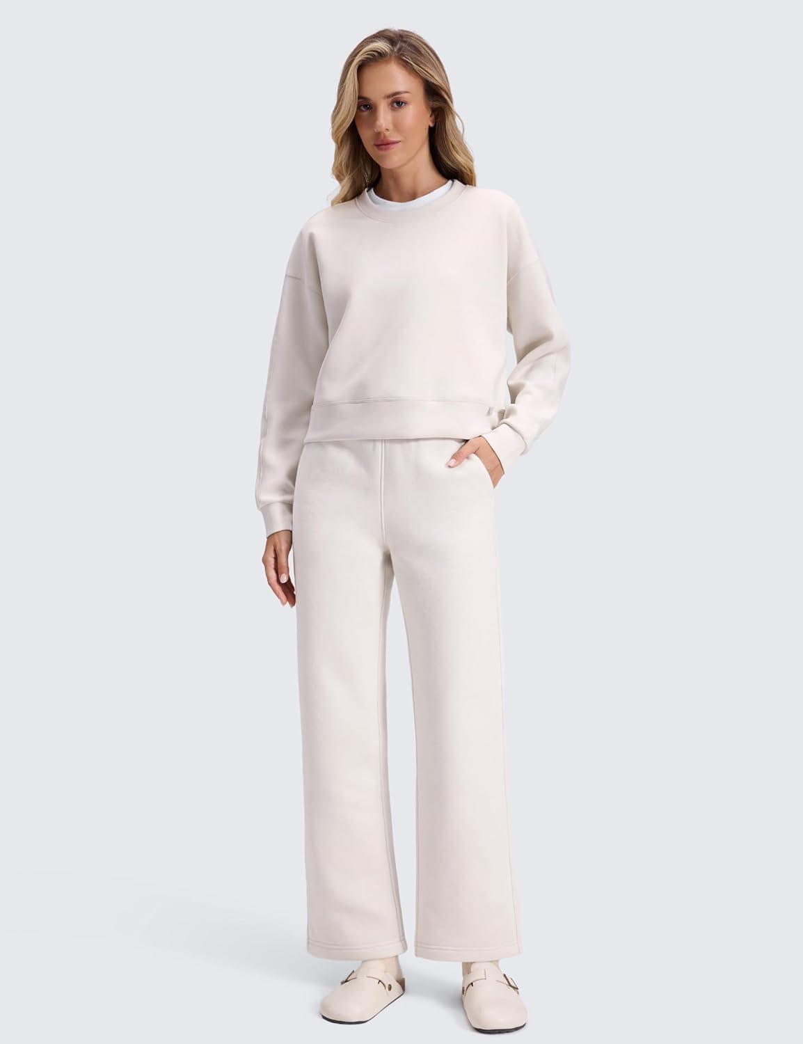 imageCRZ YOGA Cotton Fleece Lined Sweatpants Women 28quot30quot Straight Leg Casual Lounge Sweat Pants for WomenMilky White Bone