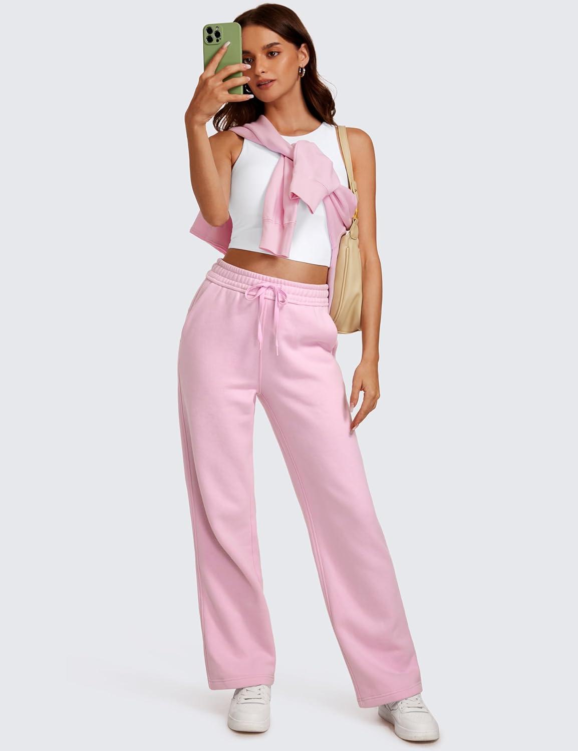 imageCRZ YOGA Cotton Fleece Lined Sweatpants Women 28quot30quot Straight Leg Casual Lounge Sweat Pants for WomenPink Peony