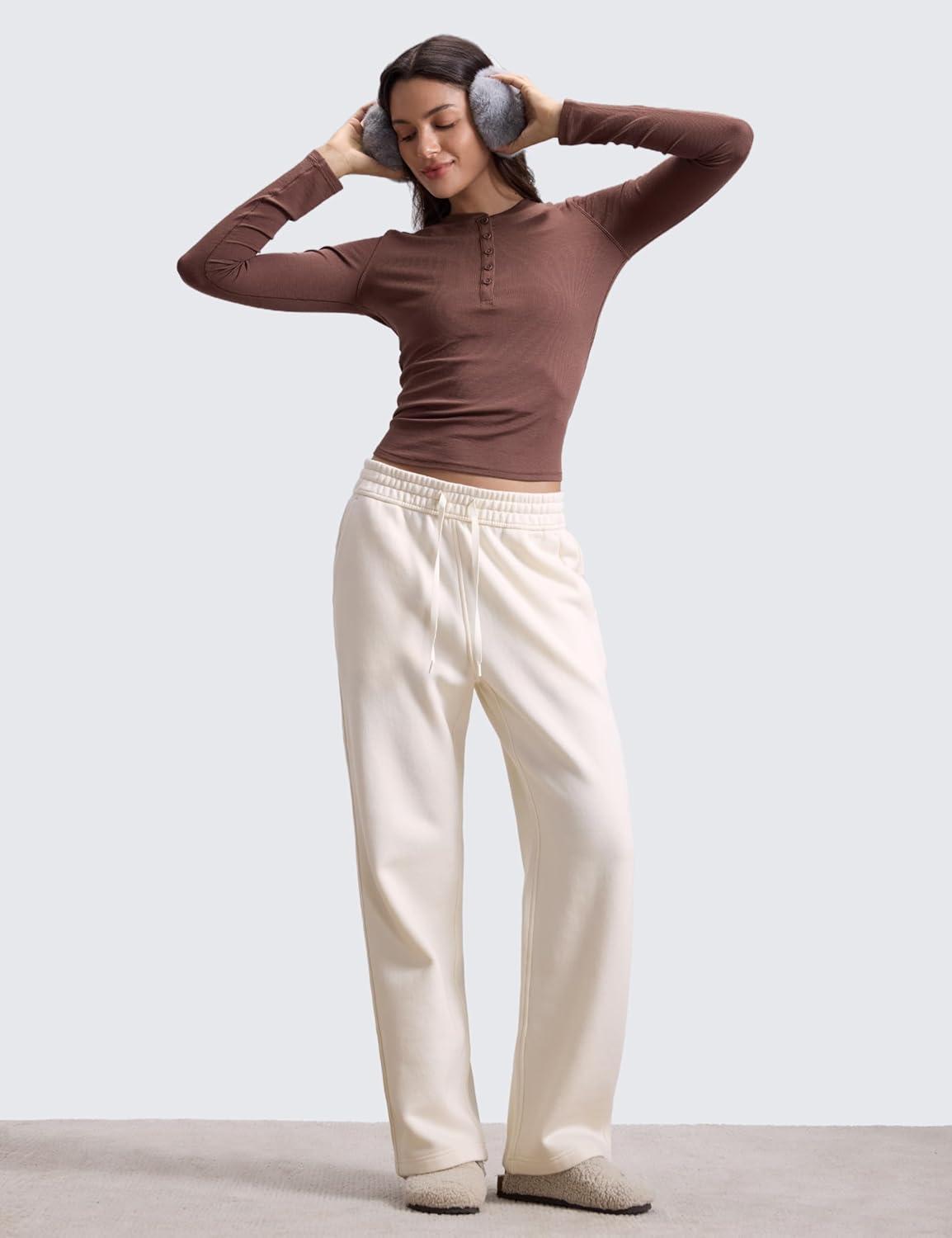 imageCRZ YOGA Cotton Fleece Lined Sweatpants Women 28quot30quot Straight Leg Casual Lounge Sweat Pants for WomenWhite Apricot