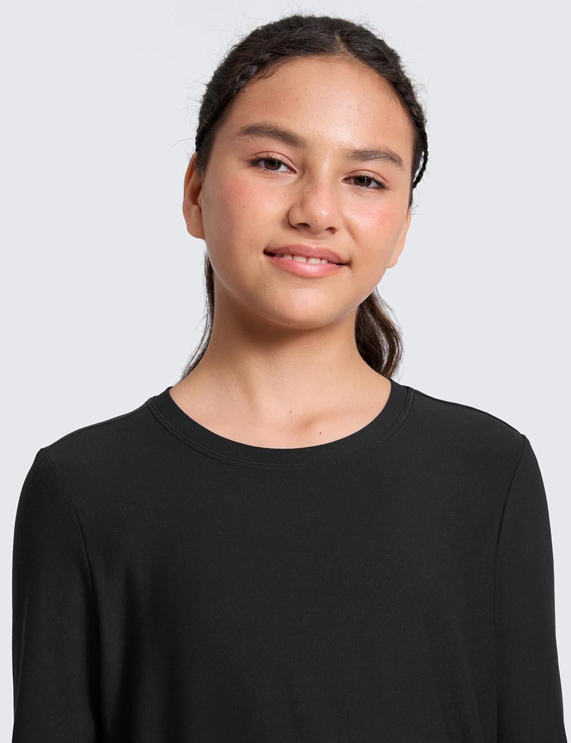 imageCRZ YOGA Girls Cloudweight Athletic Shirts Long Sleeve Tees Crew Neck Side Slit Tops Teen Kids Active Gym Casual Quick DryBlack